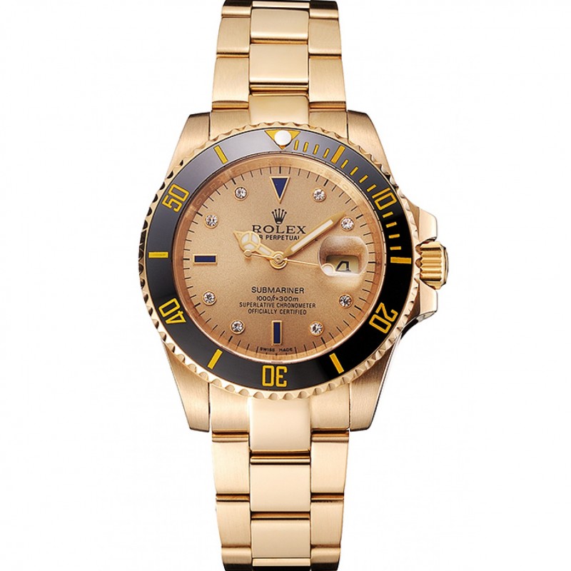 Swiss Rolex Submariner Gold Dial With Diamond Markings Black Bezel Yellow Gold Case And Bracelet-0