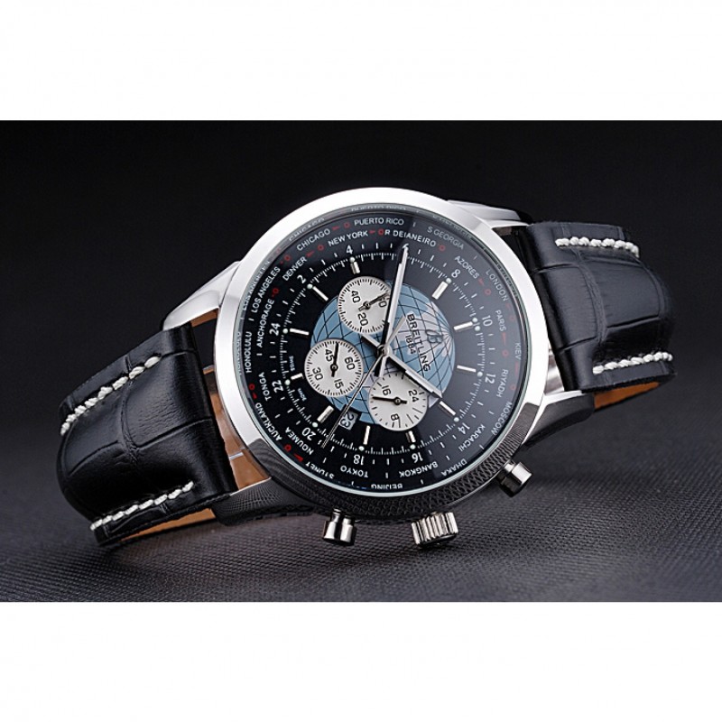 Breitling Transocean Chronograph Unitime Black Dial Stainless Steel Case Black Leather Bracelet 622242-3