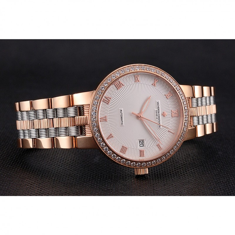 Swiss Vacheron Constantin Traditionnelle White Dial Diamond Bezel Rose Gold Case Two Tone Bracelet-3