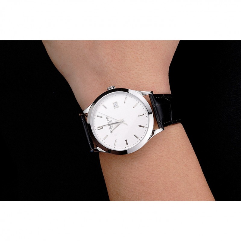 Swiss Patek Philippe Calatrava Silver Dial Stainless Steel Case Black Leather Strap-8
