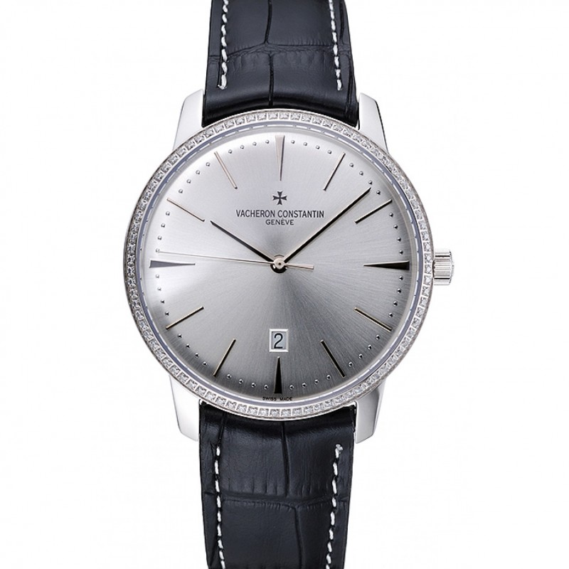 SS Replica Watches Swiss Vacheron Constantin Patrimony White Dial Silver Diamonds Case Black Leather Bracelet 1454162-0