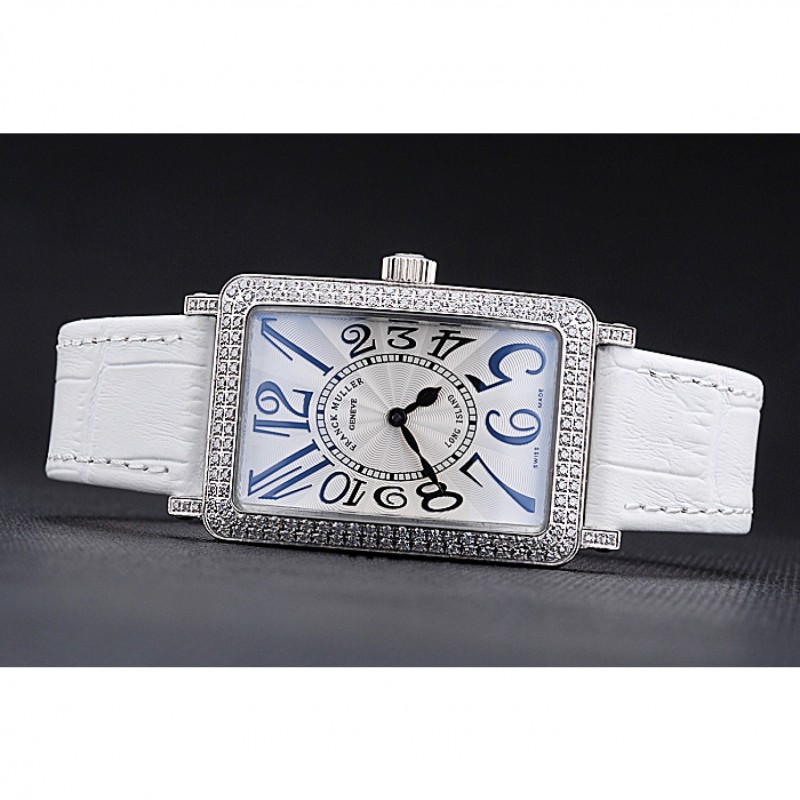 Franck Muller Long Island Classic White Dial Diamonds Case White Leather Band 622368-3