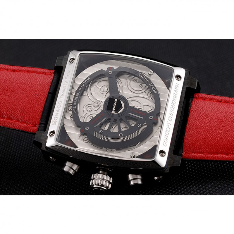 SS Replica Watches Tag Heuer Monaco Calibre 36 Blue And Red Dial Stripes Dial Black Leather Strap 622272-5