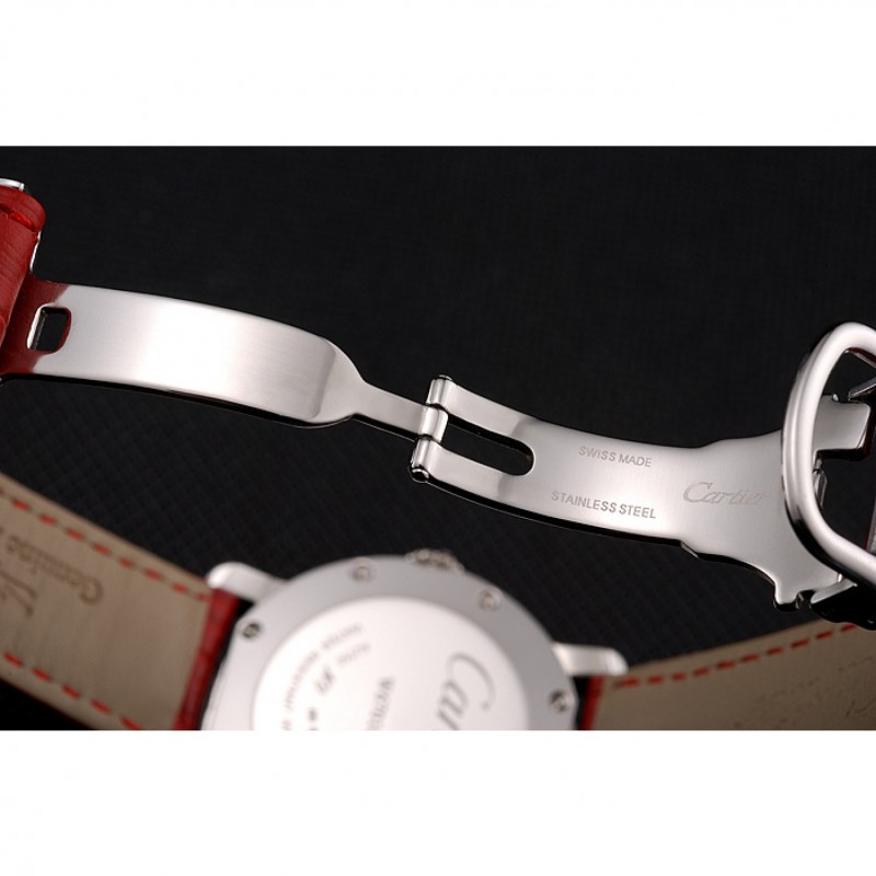 Cartier Ronde White Dial Diamond Bezel Stainless Steel Case Red Leather Strap-6