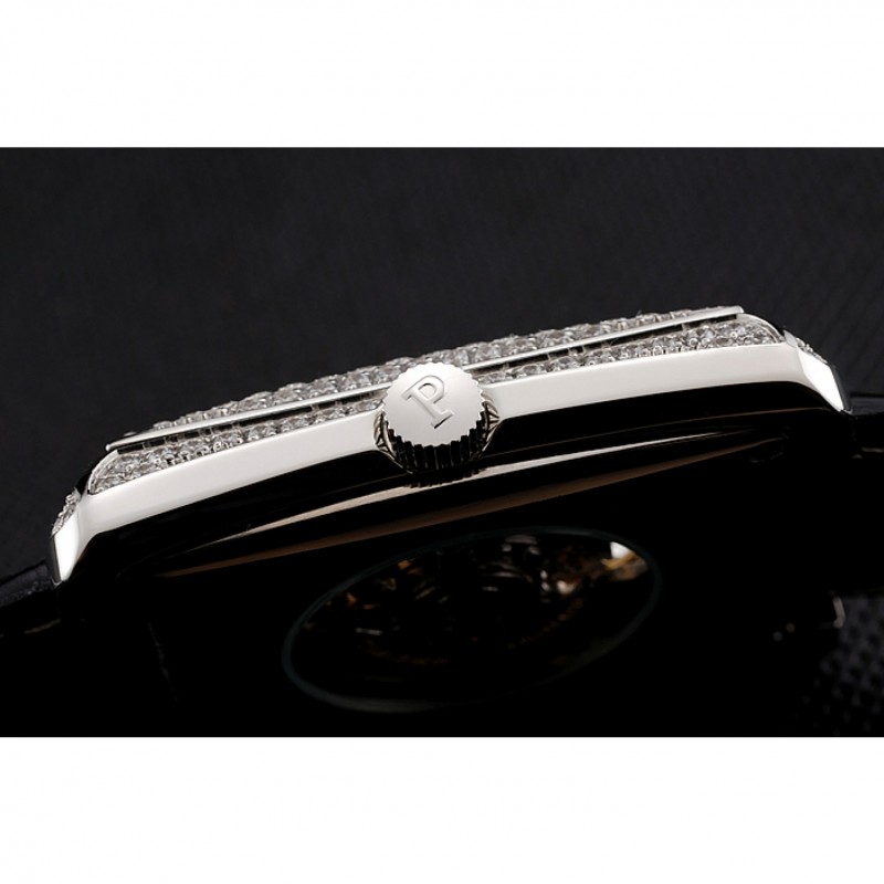 Swiss Piaget Emperador Tourbillon Skeleton Silver Diamond Case Black Leather Bracelet 1453943-7