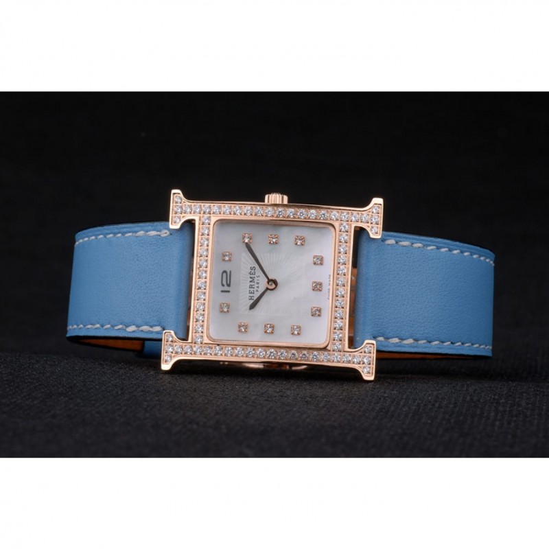 Hermes Heure H Rose Gold Diamond Encrusted Bezel Blue Leather Strap White Dial 80238-3