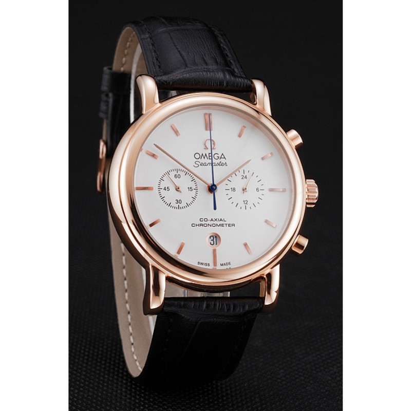 SS Replica Watches Omega Seamaster Vintage Chronograph White Dial Rose Gold Case Black Leather Strap-2