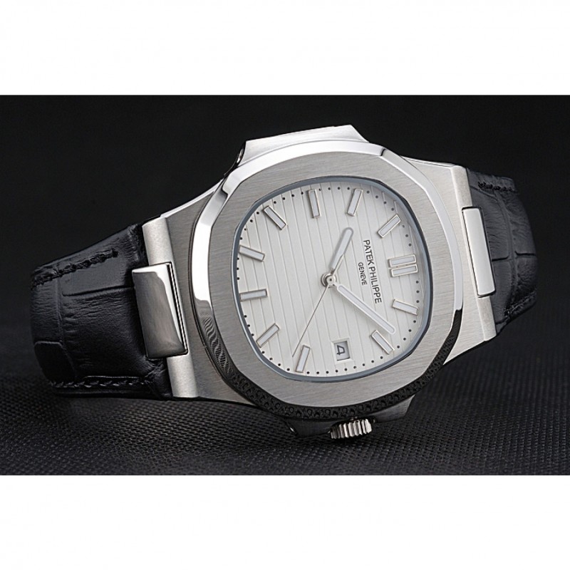 Patek Philippe Nautilus White Dial Brushed Stainless Steel Case Black Leather Strap-4