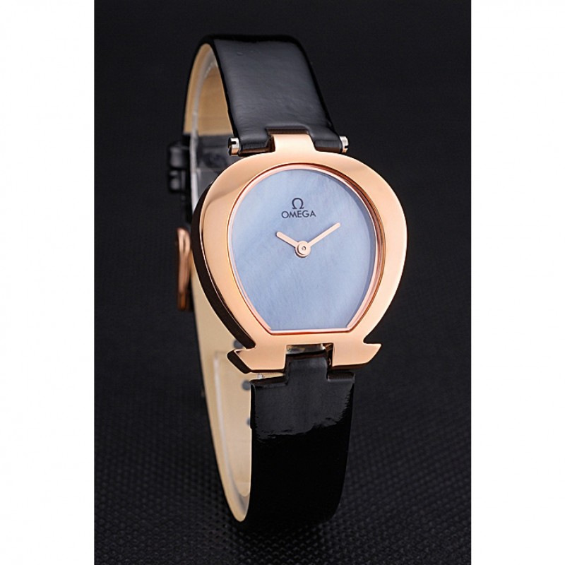 Omega Ladies Watch Sky Blue Dial Gold Case Black Leather Strap 622821-2