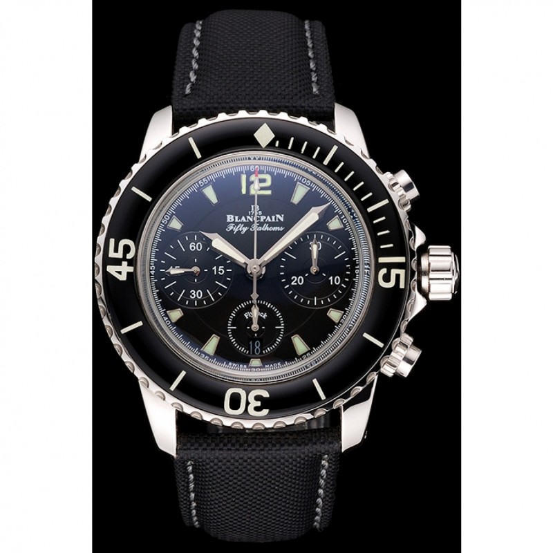 Cheap Replica Watches Swiss Blancpain Fifty Fathoms Flyback Chronograph Black Dial Black Bezel Stainless Steel Case Black Canvas Strap-1