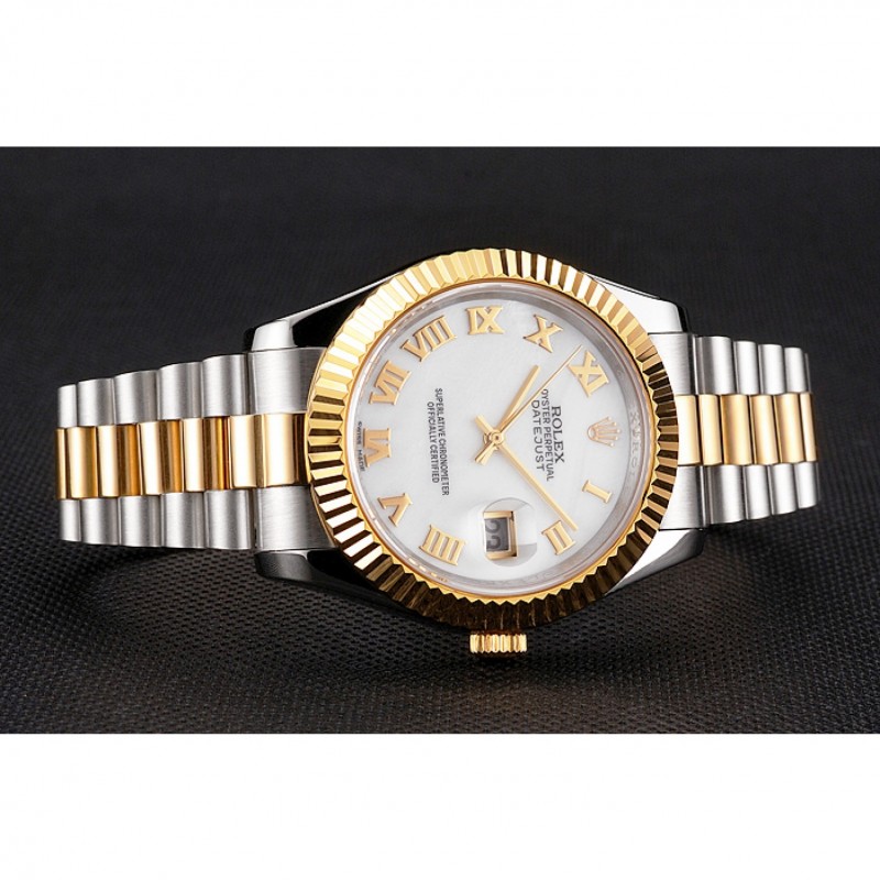 Swiss Rolex Datejust White Dial Roman Numerals Gold Bezel Stainless Steel Case Two Tone Bracelet-3