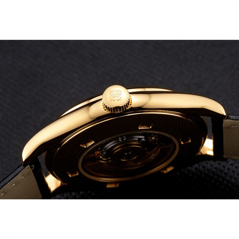 Swiss Patek Philippe Calatrava Gold Dial Diamond Markings Gold Case Black Leather Strap-8