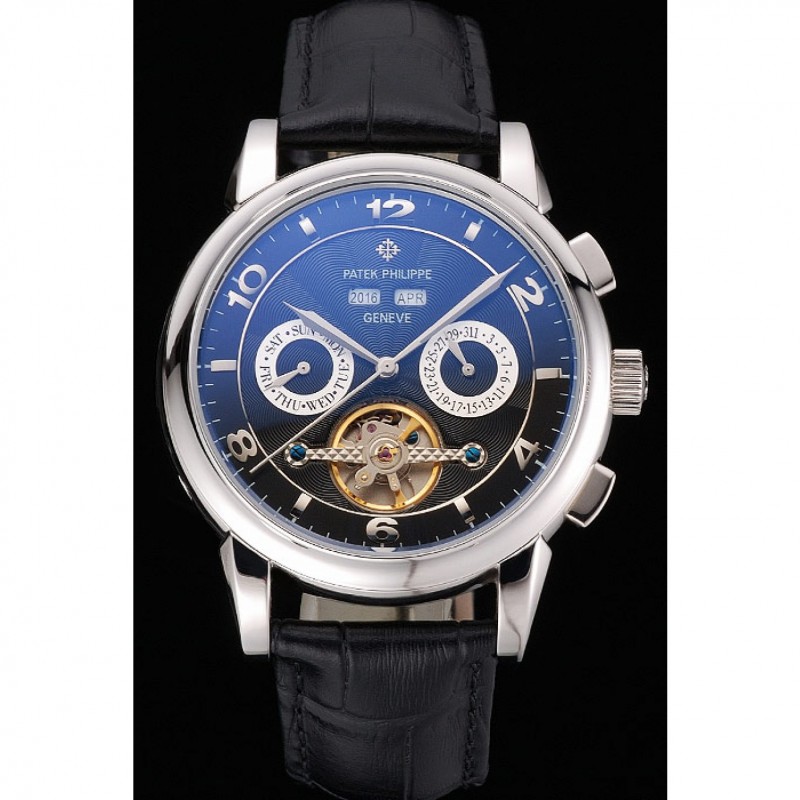 Patek Philippe Perpetual Calendar Tourbillon Black Dial Stainless Steel Case Black Leather Strap-1