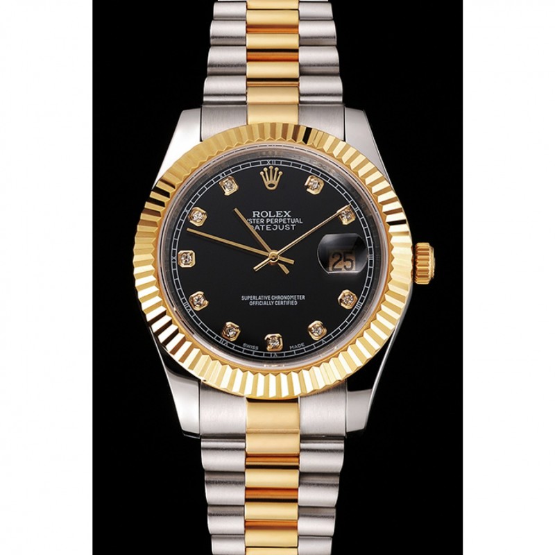Swiss Rolex Datejust Black Dial Stainless Steel Case Gold Bezel Two Tone Bracelet-1