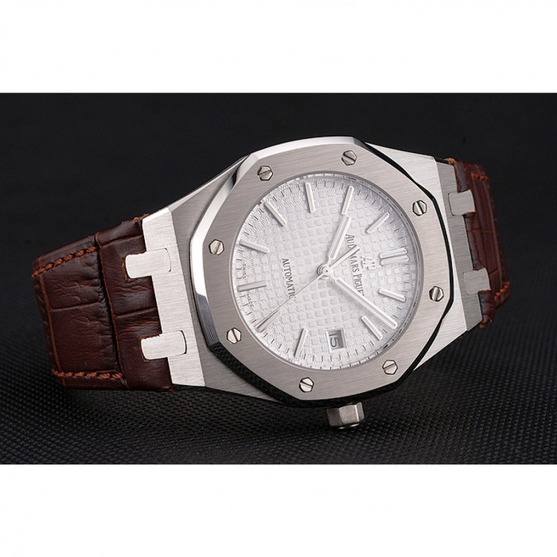 Swiss Audemars Piguet Royal Oak White Dial Stainless Steel Case Brown Leather Strap-4