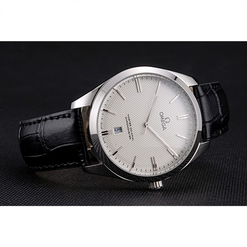 High End Omega Tresor Master Co-Axial White Dial Stainless Steel Case Black Leather Strap-4