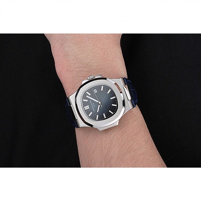 Patek Philippe Nautilus Blue Dial Brushed Stainless Steel Case Blue Leather Strap-8
