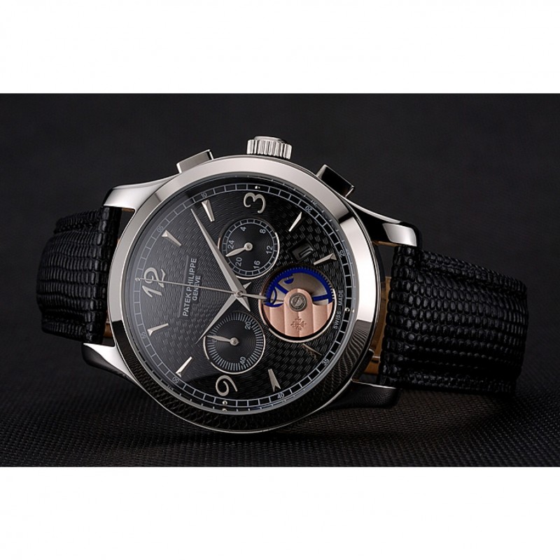 Patek Philippe Chronograph Black Guilloche Dial Stainless Steel Case Black Leather Strap-4