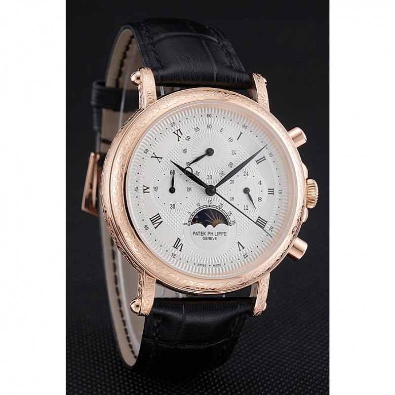SS Replica Watches Patek Philippe Grand Complications White Dial Engraved Rose Gold Case Black Leather Bracelet 1454144-2