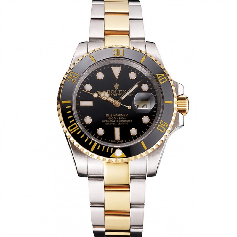 Swiss Rolex Submariner Black Dial And Bezel Two Tone Steel Gold Bracelet-0