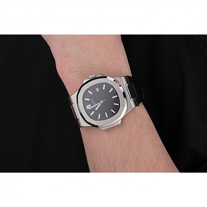 Patek Philippe Nautilus Black Dial Brushed Stainless Steel Case Black Leather Strap-8