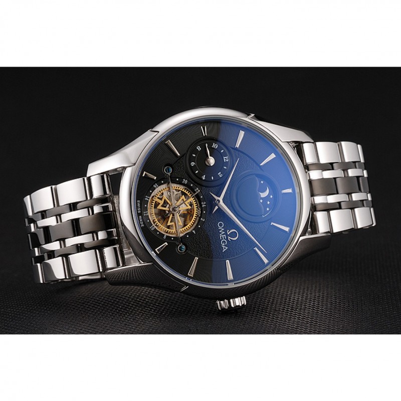 Omega De Ville Moonphase Tourbillon Black Dial Stainless Steel Case Two Tone Black Steel Bracelet-3