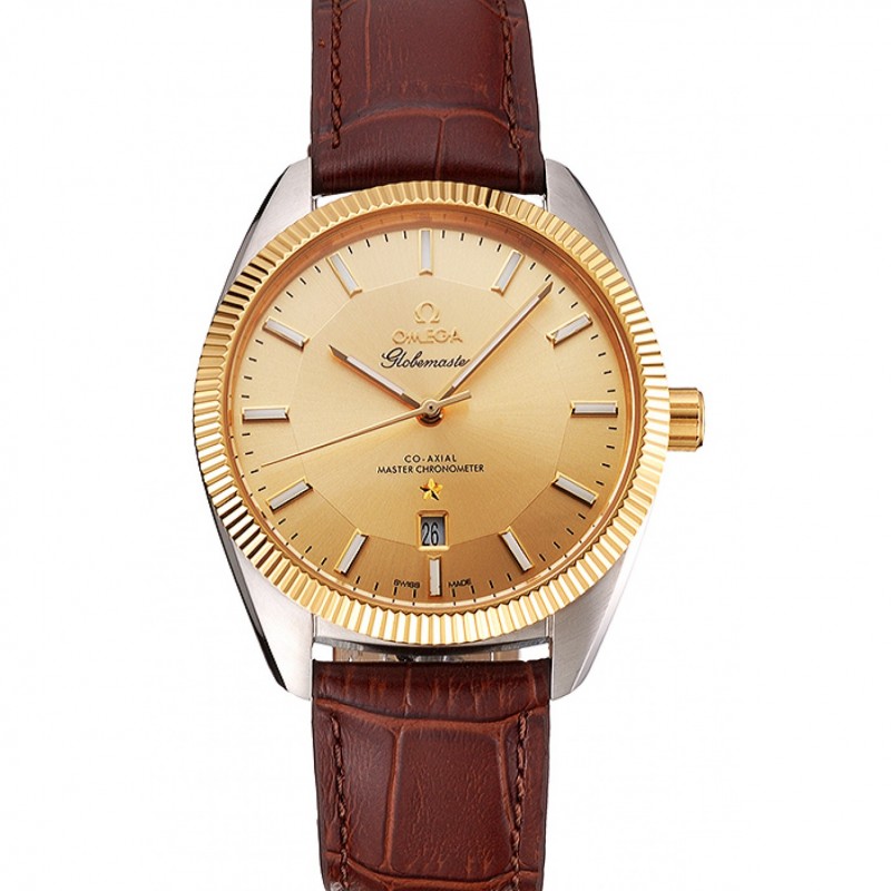 Omega Globemaster Gold Dial And Bezel Stainless Steel Case Brown Leather Strap-0