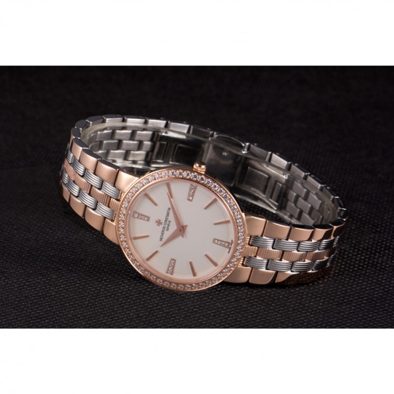 Cheap Vacheron Constantin Patrimony Traditionnelle White Dial Rose Gold Diamond Case Two Tone Bracelet-4
