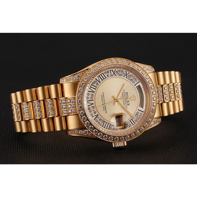 Swiss Rolex Day-Date Diamond Pave Gold Dial Gold Diamond Bracelet 1453954-3
