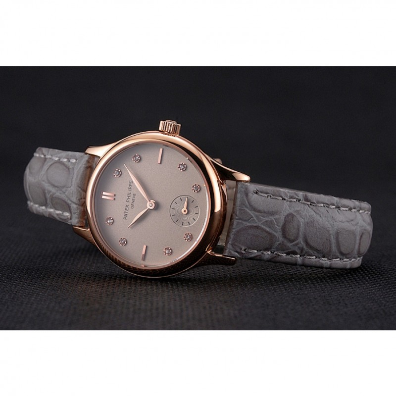 Patek Philippe Calatrava Gray Dial Diamond Markings Rose Gold Case Gray Leather Strap-4