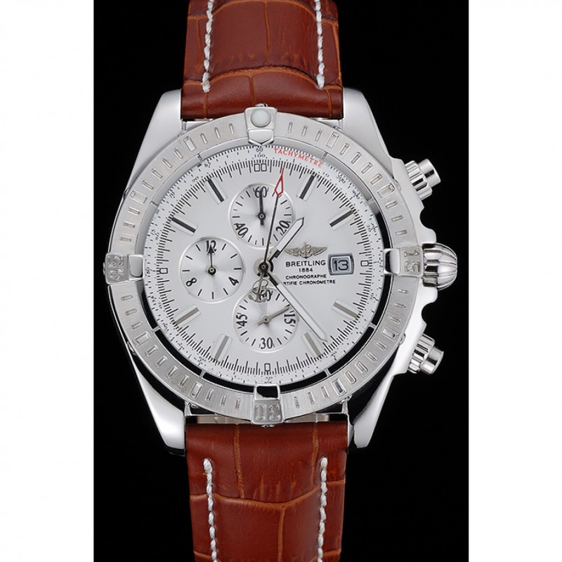 Breitling Chronomat 13 Stainless Steel Case White Dial Brown Leather Bracelet 622239-1