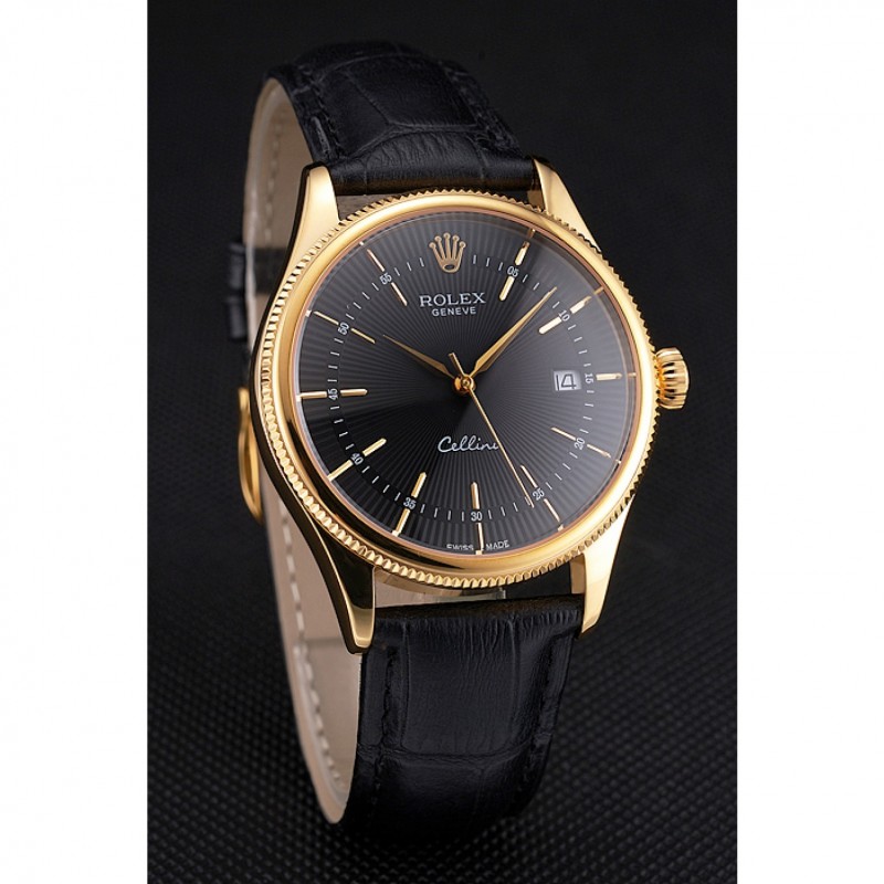 Swiss Rolex Cellini Date Black Dial Gold Case Black Leather Strap-2