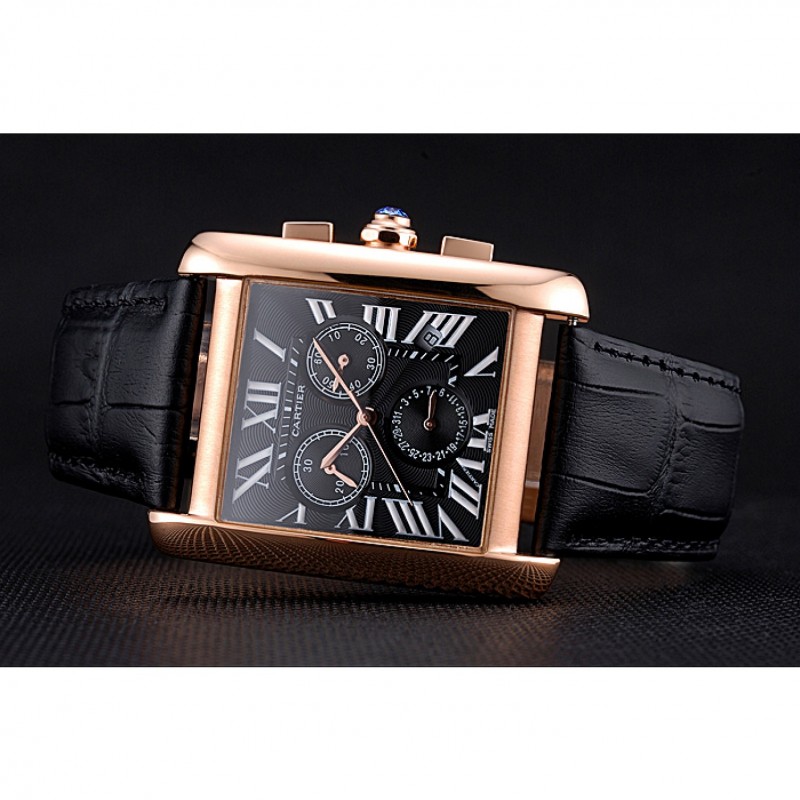 High Quality Cartier Tank MC Black Dial Gold Case Black Leather Bracelet 622694-3