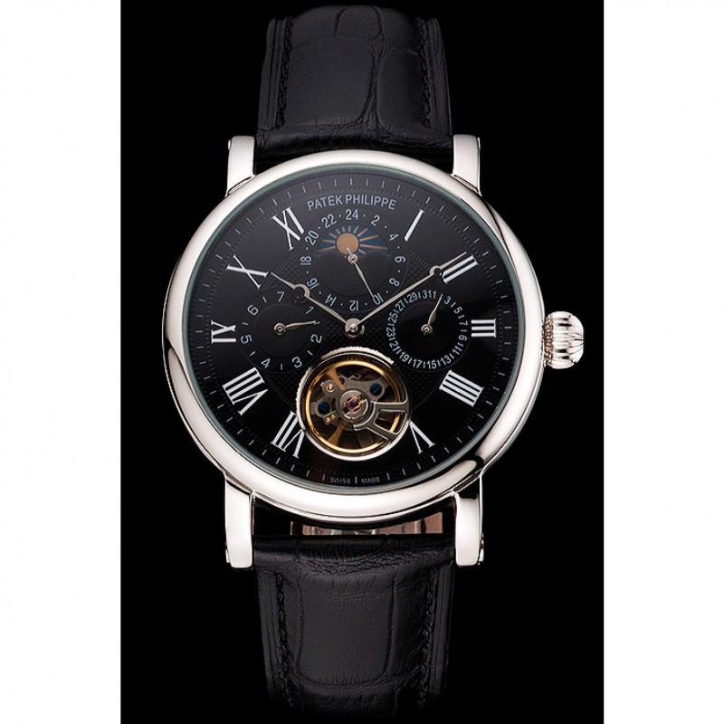 Patek Philippe Grand Complications Moonphase Perpetual Calendar Tourbillon Black Dial Stainless Steel Case Black Leather Strap-1
