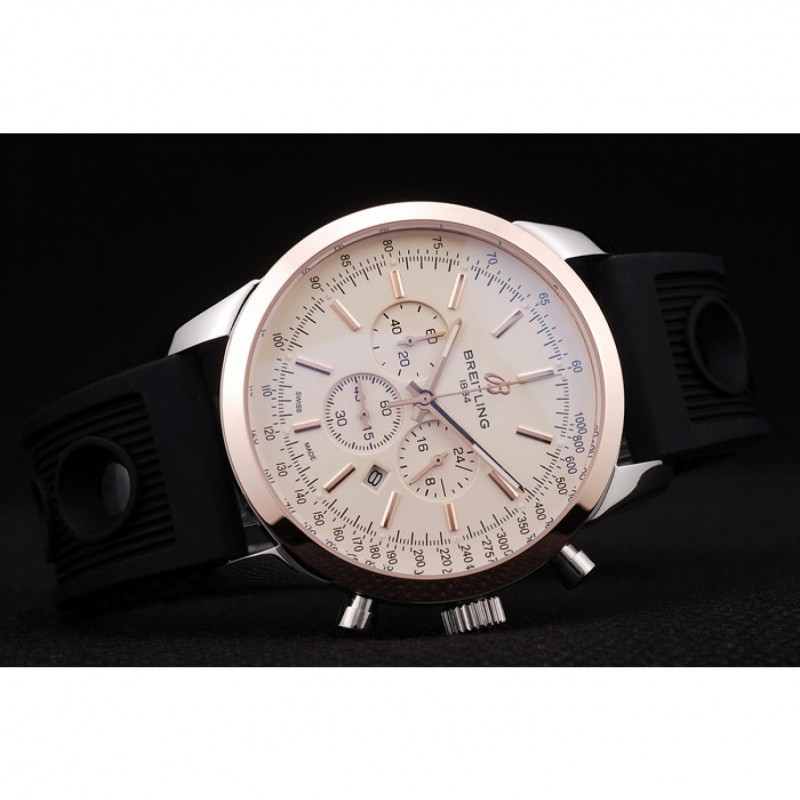 Breitling Transocean White Dial Black Rubber Strap Rose Gold Bezel-3