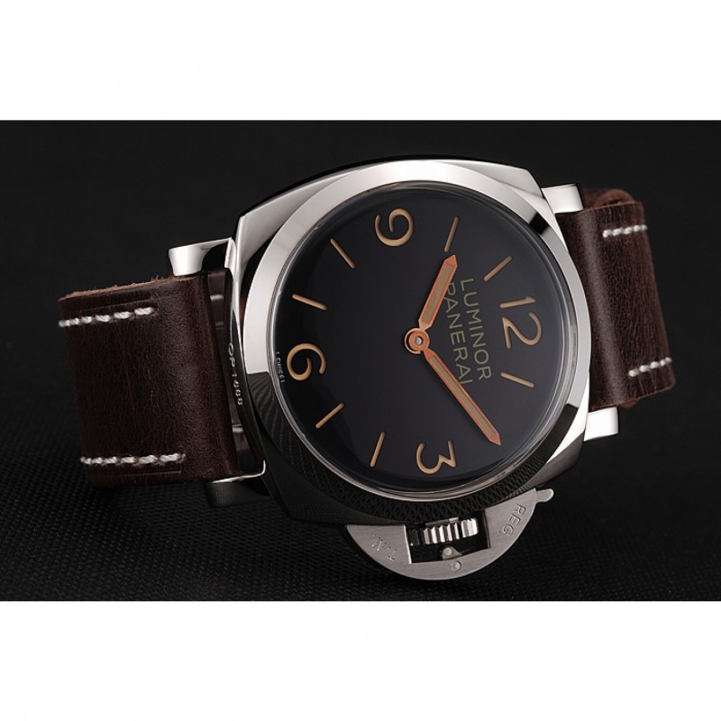 Swiss Panerai Luminor Black Dial Stainless Steel Case Brown Leather Strap 1453854-3
