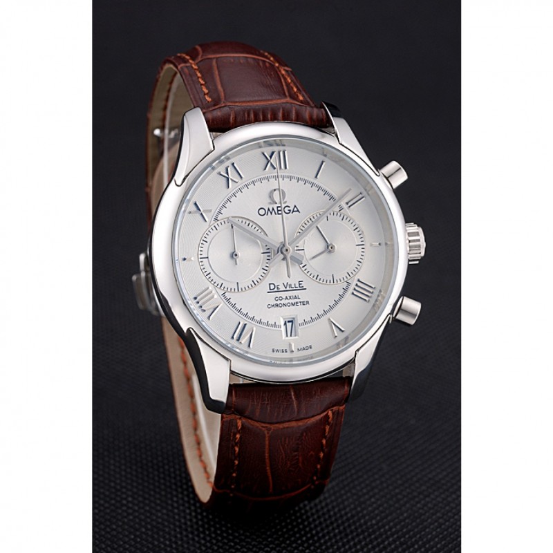 Omega DeVille Silver Bezel with White Dial and Brown Leather Strap 621566-2