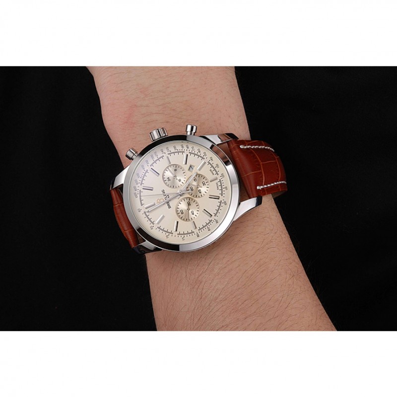 Breitling Transocean Beige Dial Brown Leather Strap Polished Stainless Steel Bezel-8