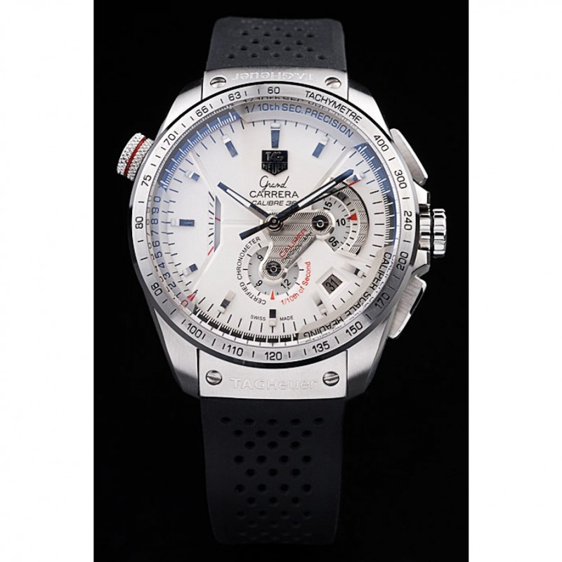 High Quality Replica Watches Tag Heuer Swiss Carrera Tachymeter Bezel Perforated Black Rubber Strap White Dial-1