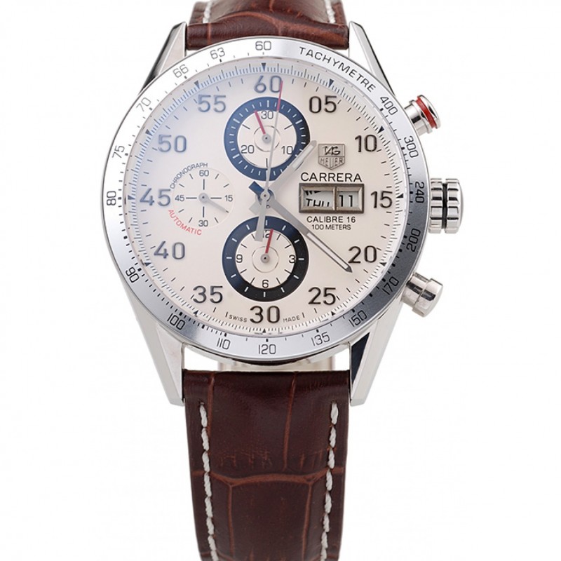 Tag Heuer Swiss Carrera Tachymeter Bezel Dark Brown Leather Strap White Dial-0