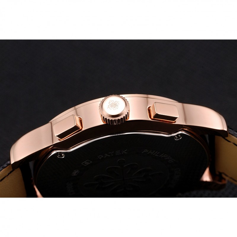 Patek Philippe Chronograph White Guilloche Dial Rose Gold Case Black Leather Strap-8