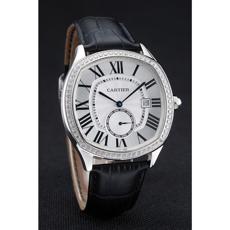 Cartier Drive De Cartier White Dial Silver Diamond Case Black Leather Bracelet 1454215-2