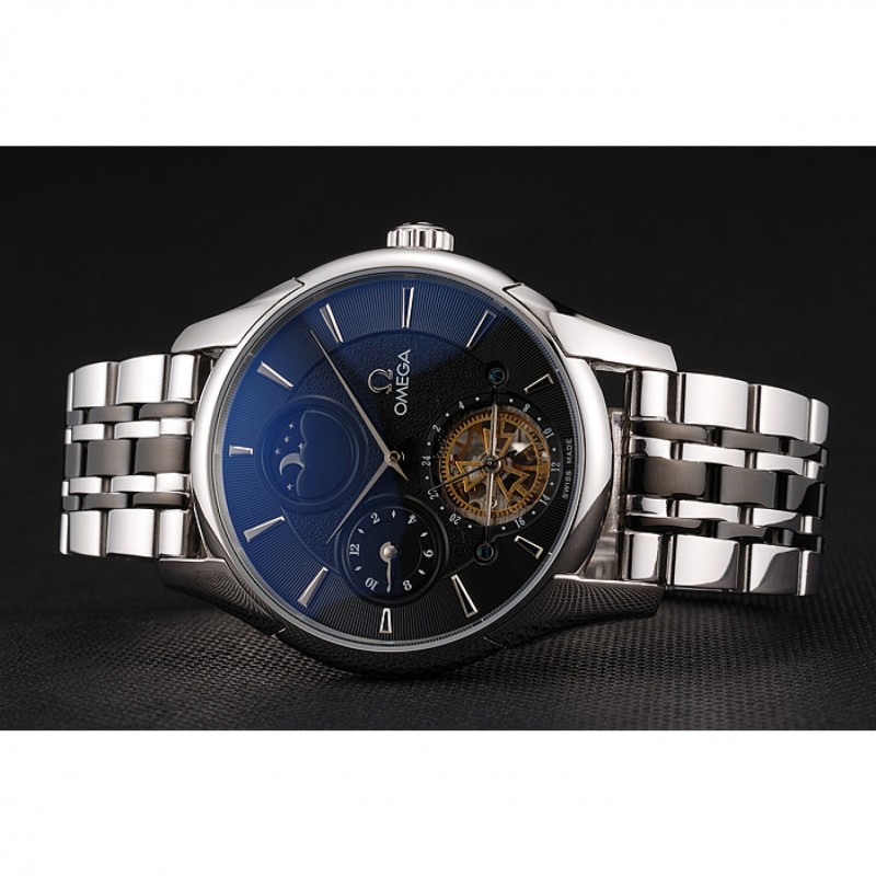 Omega De Ville Moonphase Tourbillon Black Dial Stainless Steel Case Two Tone Black Steel Bracelet-4