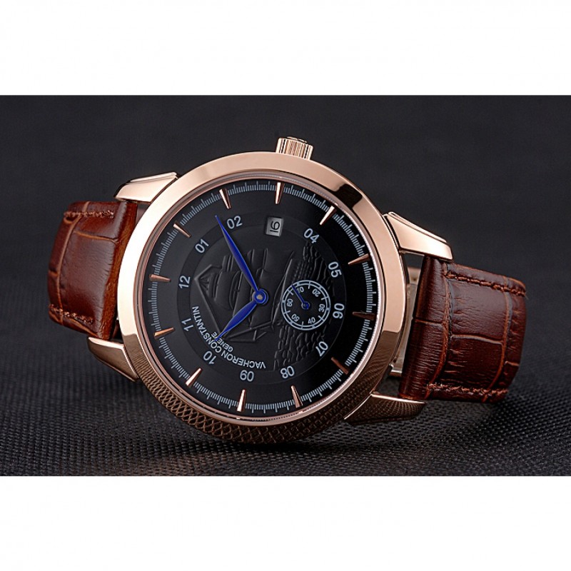 Vacheron Constantin Traditionnelle Black Ship Dial Rose Gold Case Brown Leather Strap-4