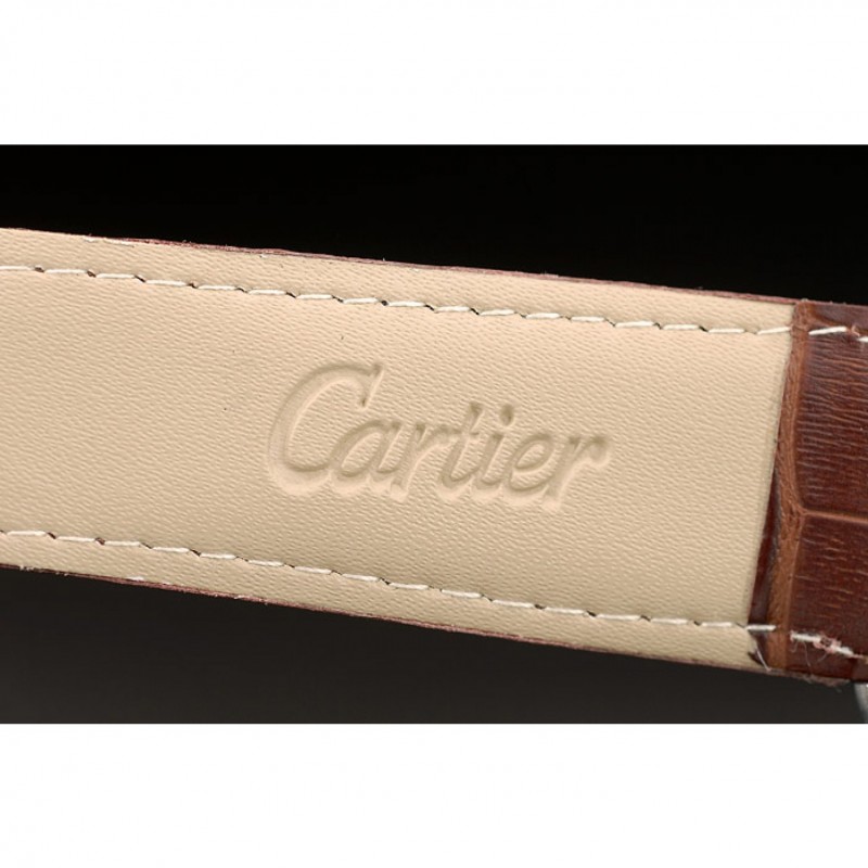 Cartier Calibre White Dial Diamonds Two Tone Case Brown Leather Bracelet-7