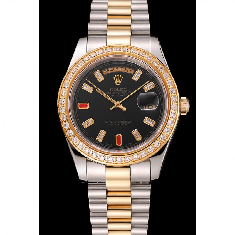 Swiss Rolex Day-Date Diamonds And Rubies Black Dial Two Tone Bracelet 1454105-1