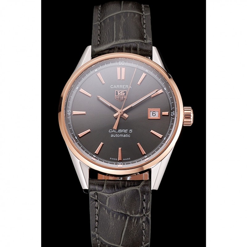Best Replica Watches Swiss Tag Heuer Carrera Calibre 5 Gray Dial Rose Gold Case Black Leather Strap-1
