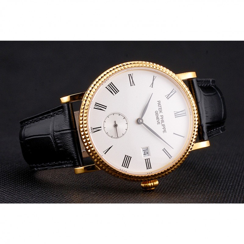 Swiss Patek Philippe Calatrava White Dial Gold Case Fluted Bezel Black Leather Strap-3