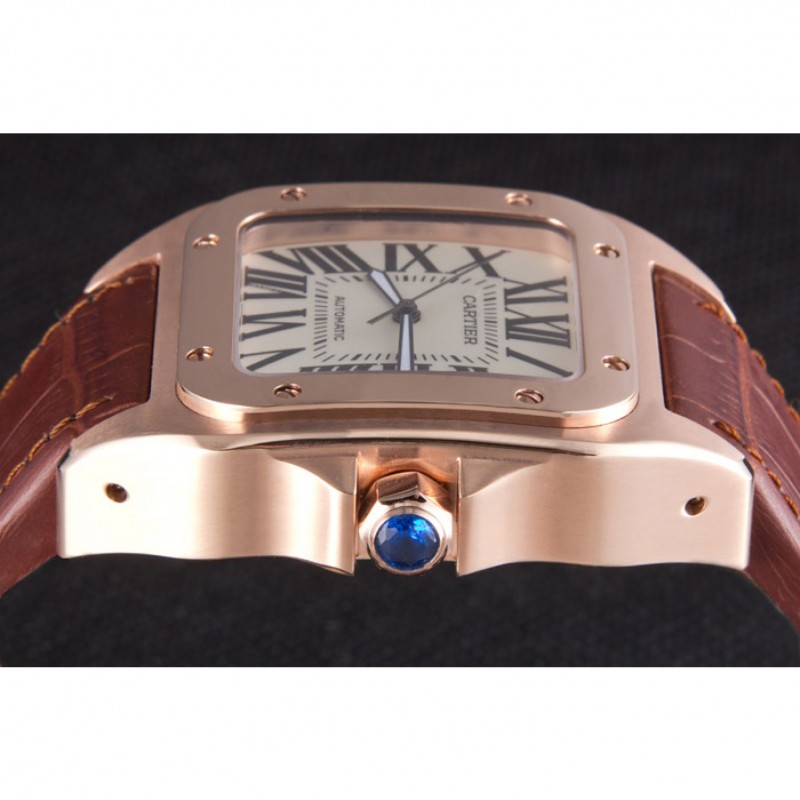 Swiss Cartier Santos Rose Gold with Brown Leather Strap 621522-5
