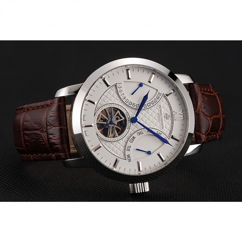 Vacheron Constantin Tourbillon White Dial Stainless Steel Case Brown Leather Bracelet-3